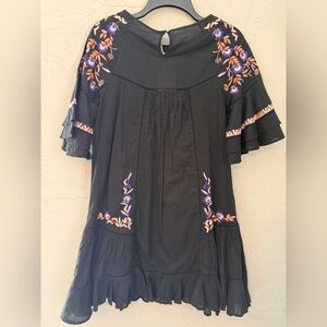 NWT Free People Black Tunic with Purple & Peach Floral EmbroiderySz M